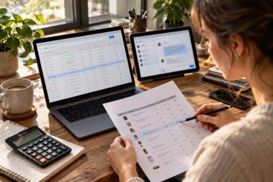 Operations professional compares spreadsheet data with a printed product price list.