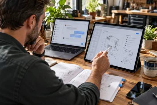 Business owner reviews a PDF manual on a tablet beside a laptop and printed documentation.