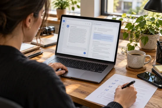 Reviewer checks a chatbot answer against source material and a printed test checklist.