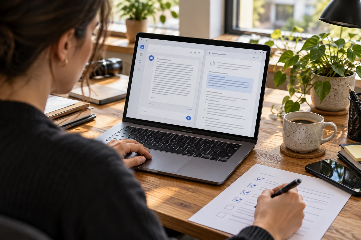 Reviewer checks a chatbot answer against source material and a printed test checklist.