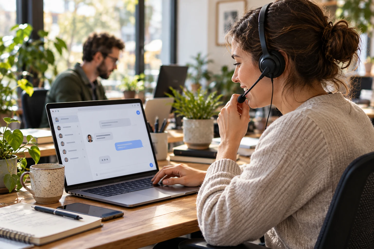 Support colleague wearing a headset handles a customer conversation on a laptop.