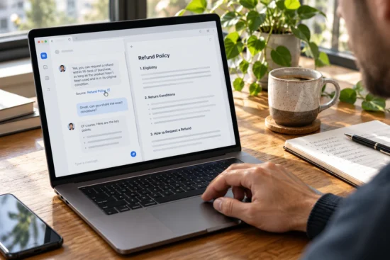 A laptop displays a customer support conversation beside a policy page for source checking.
