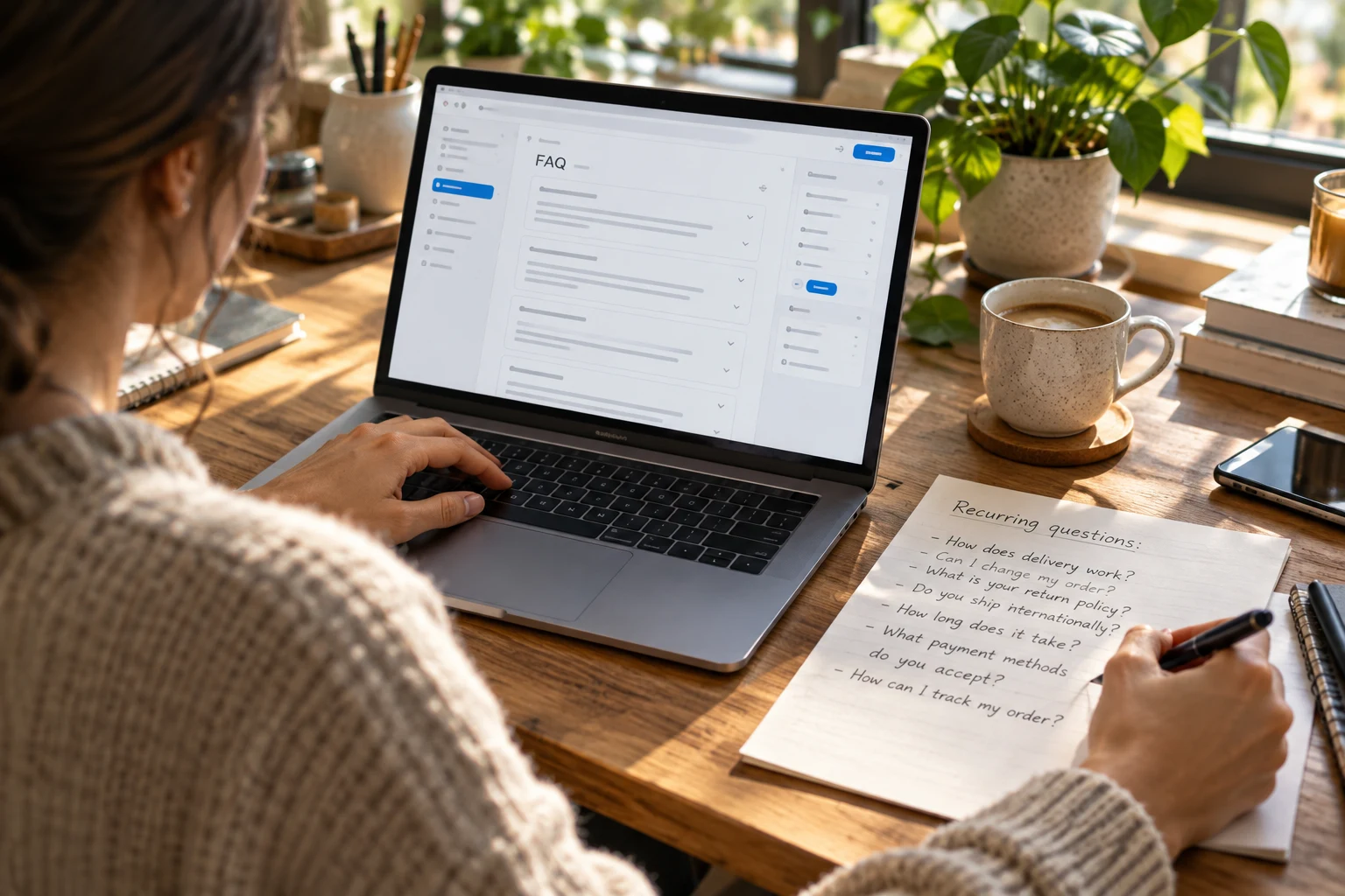 Editor improves website FAQs on a laptop using a handwritten list of recurring questions.