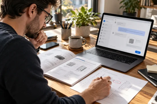 Support specialist compares a chatbot answer with a printed product manual at a wooden desk.
