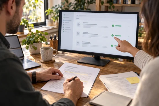 Two colleagues compare printed policies with approved knowledge documents on a monitor.