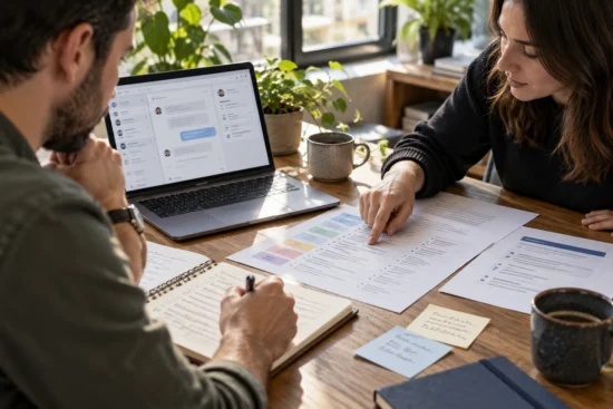 Colleagues review market-specific support policies at a wooden meeting table.