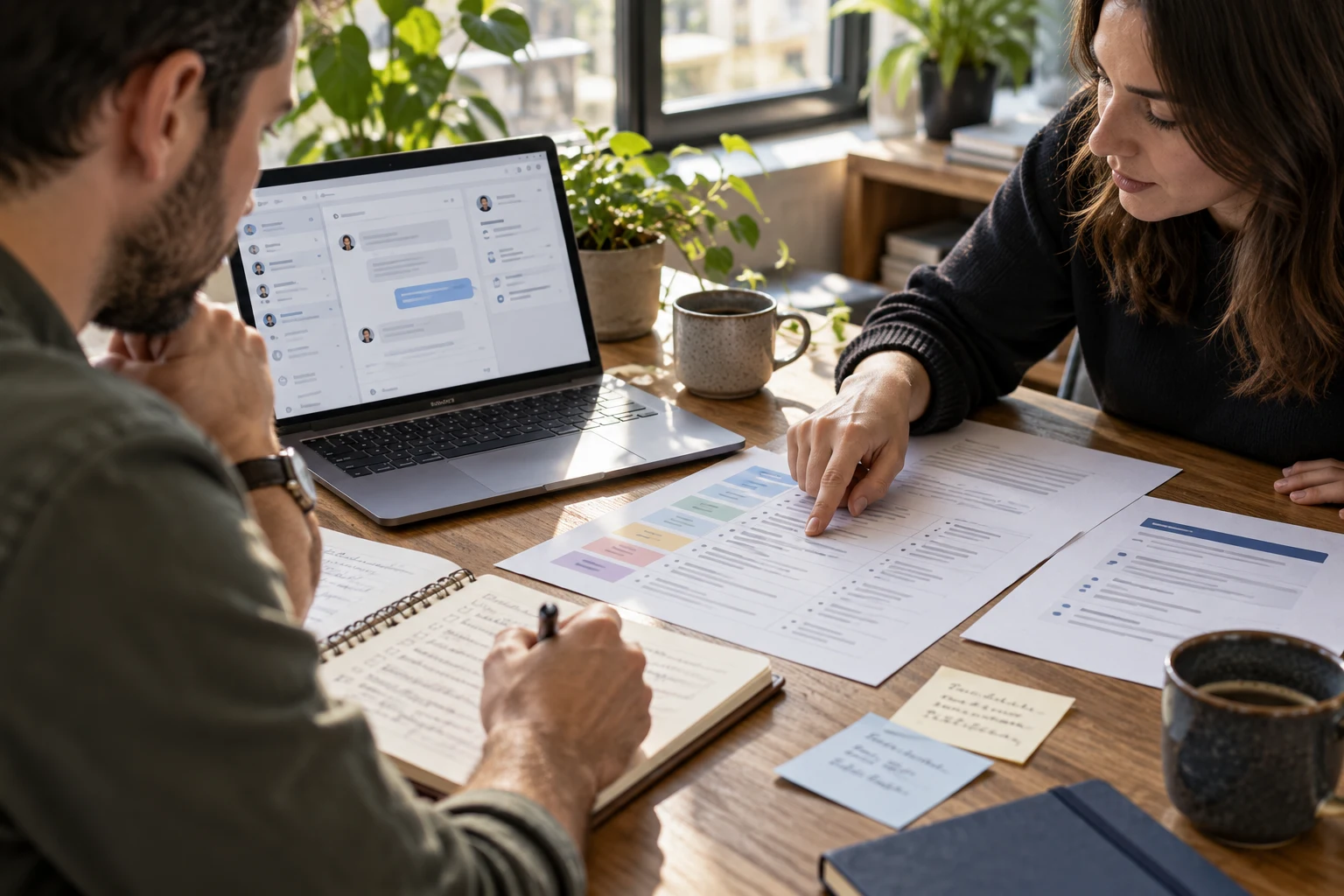Colleagues review market-specific support policies at a wooden meeting table.