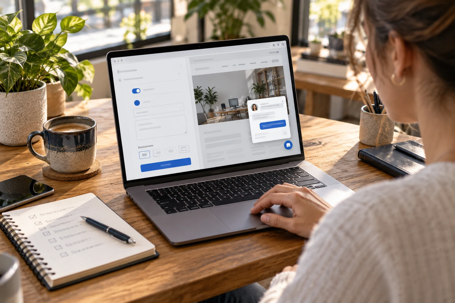 Business owner configures a website chat widget beside a written setup checklist.