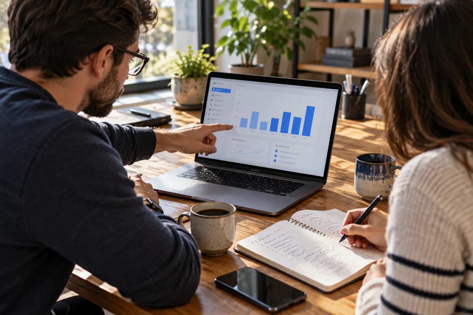 Support team compares a weekly activity chart with notes about customer questions.