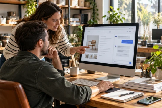 Two colleagues evaluate a website knowledge base chatbot beside an online product page.