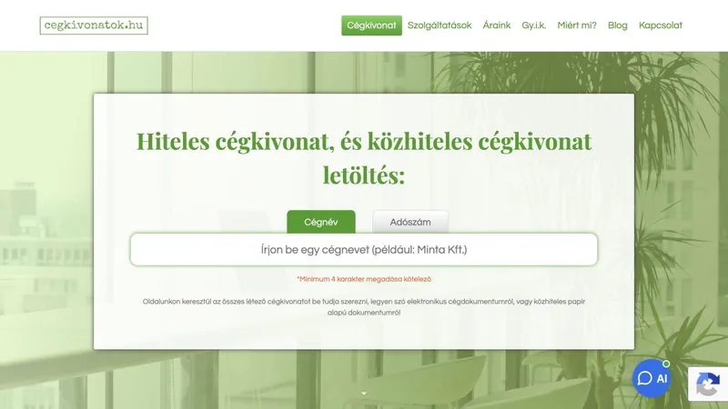 Screenshot of the Cégkivonatok.hu website