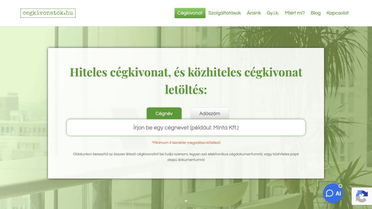 Screenshot of the Cégkivonatok.hu website
